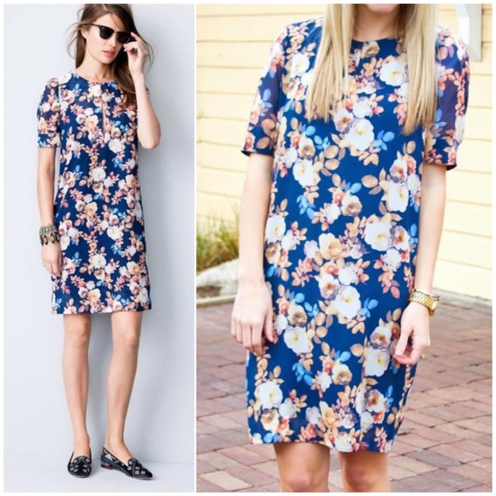 J. CREW Shift Dress Antique Floral Print Silk Mini Short Sleeve  Blue White XS 0
